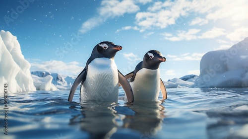 Two penguins swimming on the ice in Antarctica. 3d rendering