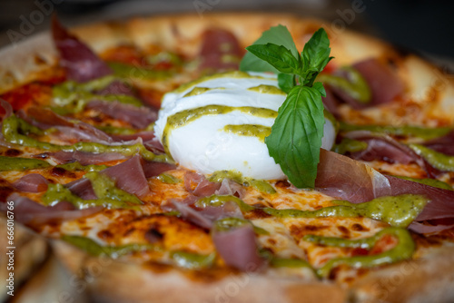 Delicious home baked Italian style pizza close up photography