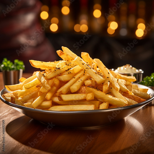 A mouthwatering image of golden  crispy French fries  perfectly seasoned and served  promises a delightful and indulgent fast-food experience