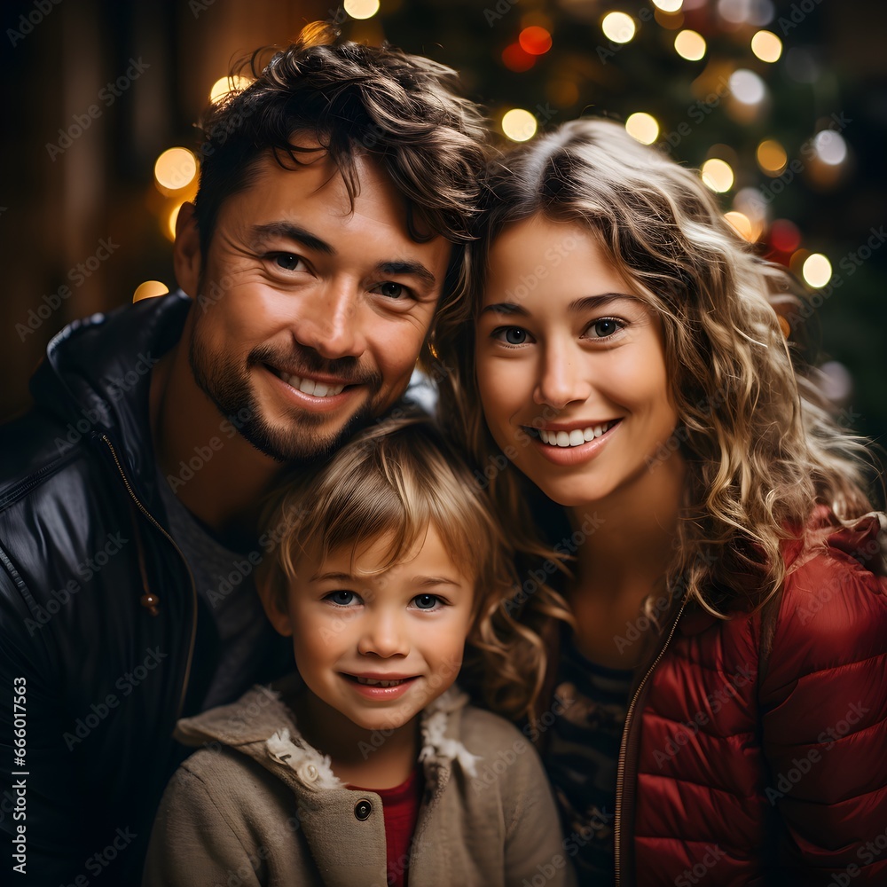 Happy man with his wife and child enjoying the warmth and joy of Christmas together.