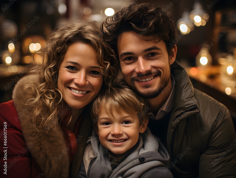 Happy man with his wife and child enjoying the warmth and joy of Christmas together.