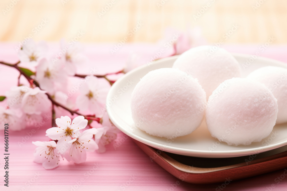 Japanese Mochi on Sakura Pink Background Japanese Mochi on Sakura Pink Background