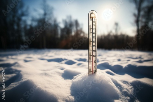 thermometer in snow, measuring temperature in Celsius or Fahrenheit. Generative AI photo