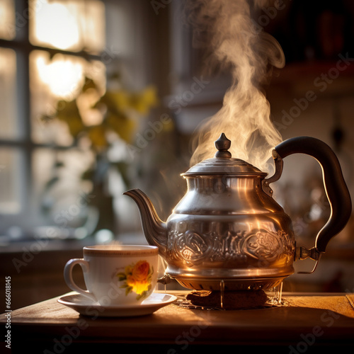 A gleaming teapot radiating an air of timeless elegance and the promise of a soothing brew