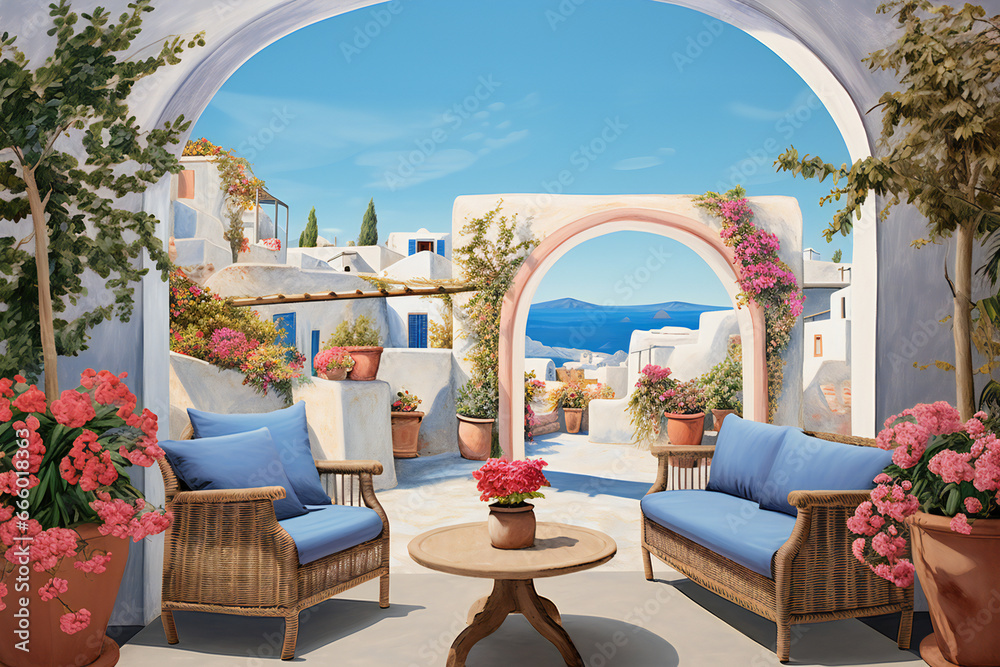 A summer terrace with blue furniture and flowers