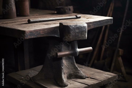 Old metal anvil and hammer on forge desk. Generative AI