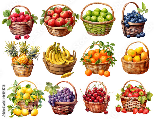 fruits in basket illustration clipart. Generative AI.