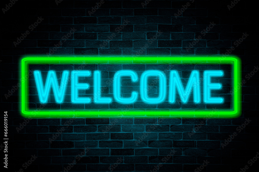 Fototapeta premium Welcome text neon banner on brick wall background.