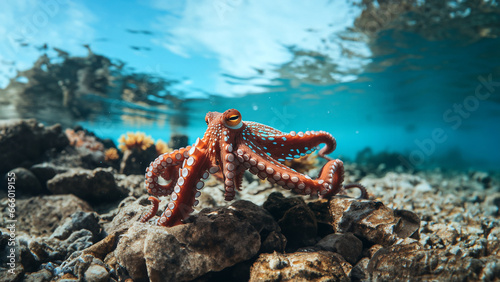 Unterwassserwelt im Meer mit gro  en Octopus Nahaufnahme im Querformat als Banner  ai generativ