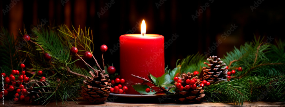 Christmas burning candle on a Christmas background. Generative AI,