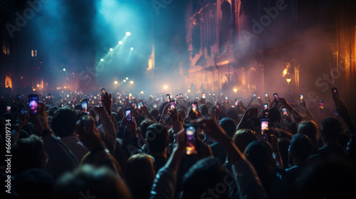A crowd of people at a live event, concert or party holding hands and smartphones up,participants of a live event venue with bright lights above.