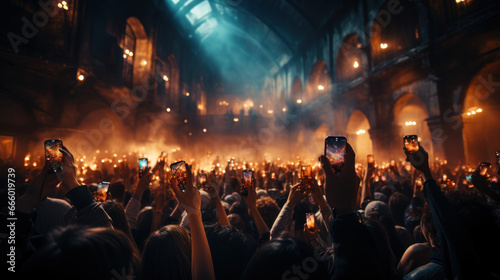 A crowd of people at a live event, concert or party holding hands and smartphones up,participants of a live event venue with bright lights above.