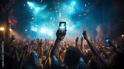 A crowd of people at a live event, concert or party holding hands and smartphones up,participants of a live event venue with bright lights above.