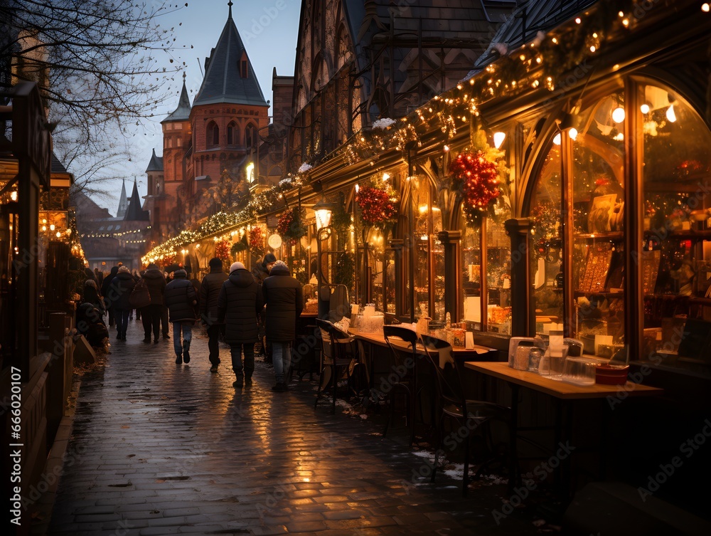 Festive Christmas market stalls in a European city, adorned with seasonal decorations and offering a variety of winter treats and gifts, encapsulating the enchanting atmosphere of the holiday season.