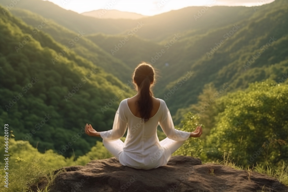 Young woman practicing yoga in the nature,female happiness, Landscape background, rear view