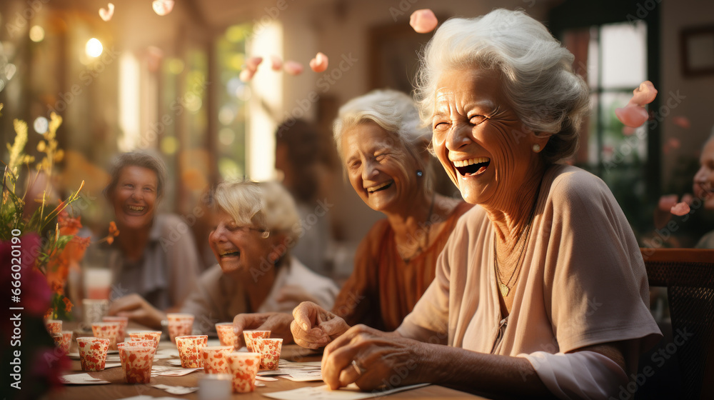 Camaraderie and enjoyment create a warm and lively atmosphere in the central living space,A group of joyful seniors playing cards and sharing laughter in a nursing home.