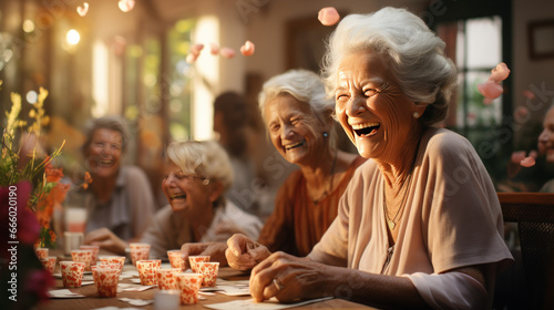 Camaraderie and enjoyment create a warm and lively atmosphere in the central living space,A group of joyful seniors playing cards and sharing laughter in a nursing home.