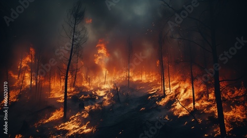 Raging and terrifying forest fire with thick plumes of heavy smoke billowing into sky engulfing forest area, atmosphere of chaos and tragedy, fiery inferno consumes serene forest