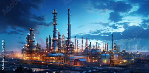 Oil refinery plant for crude oil industry Petrochemical Plant At Dusk.