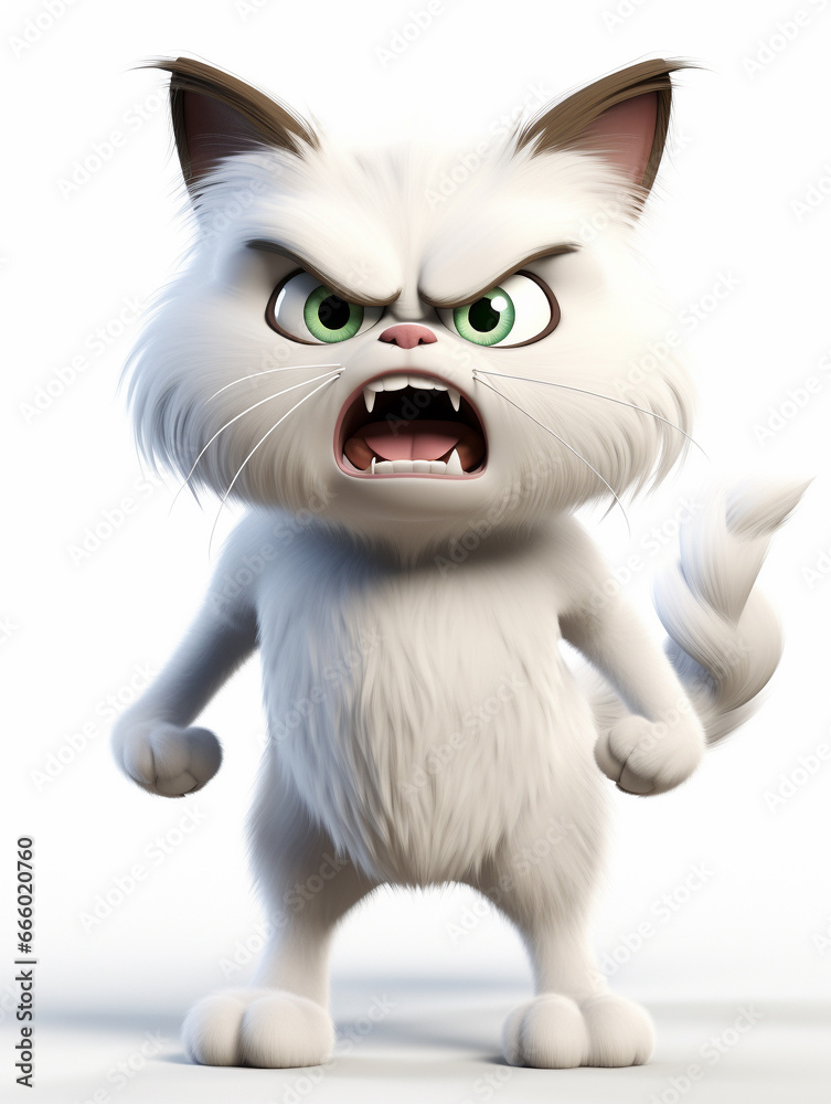 An Angry 3D Cartoon Cat on a Solid Background