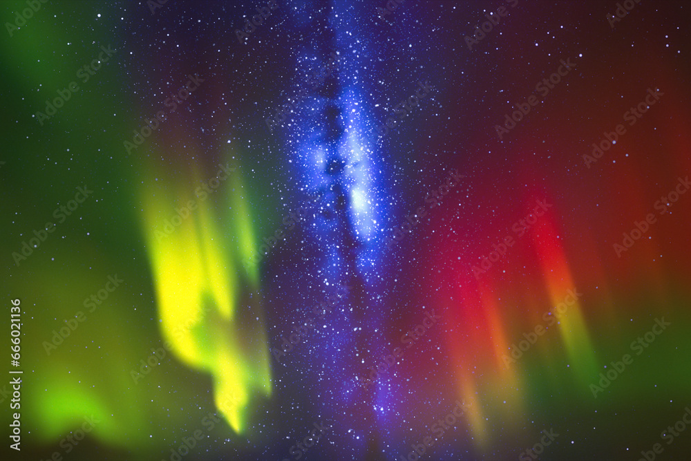 Milky Way and Northern lights. Red green aurora. Night starry sky