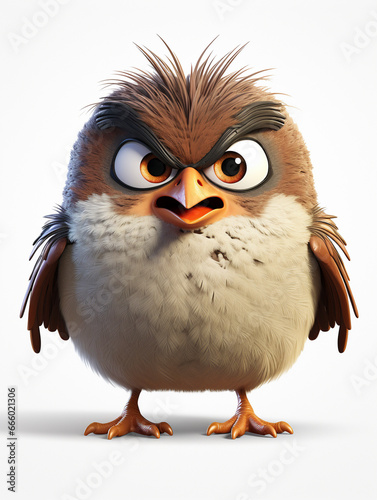 An Angry 3D Cartoon Sparrow on a Solid Background