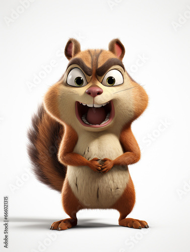 An Angry 3D Cartoon Squirrel on a Solid Background