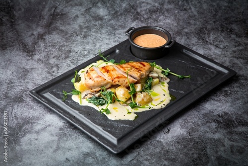 side view of chicken breast in cheese sauce with herbs on a black tray