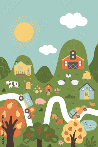 Farm background with farmhouses, animals, chicken coop, trees, road, cars.