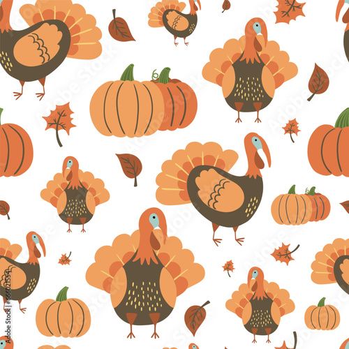 Autumn seamless pattern with turkey bird, pumpkins and leaves.