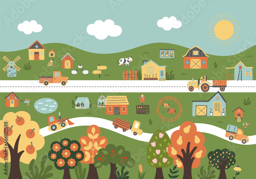 Farm wall poster with farmhouses,hills, animals, garden, trees, car, chicken coop.