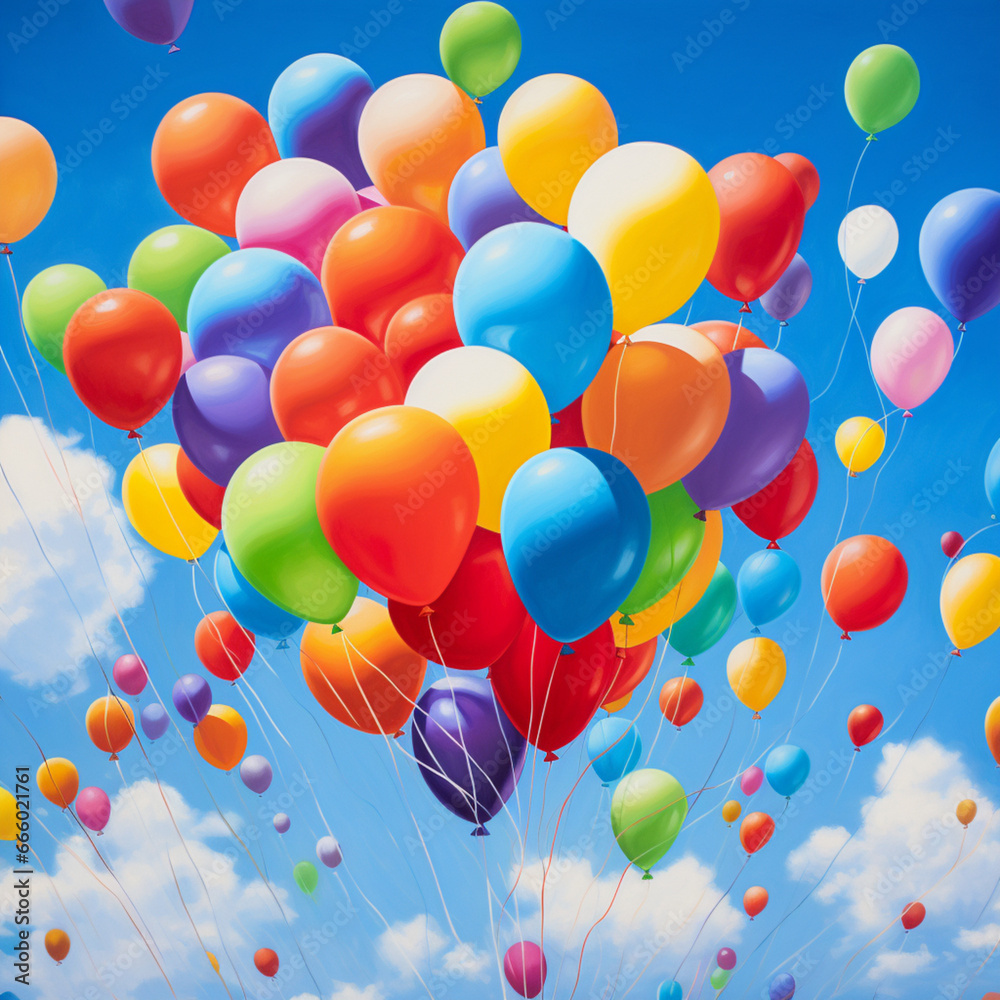 A kaleidoscope of vibrant balloons soaring through a clear, azure sky, radiating a sense of joy and celebration A kaleidoscope of vibrant balloons soaring through a clear, azure sky, radiating a sense of joy and celebration