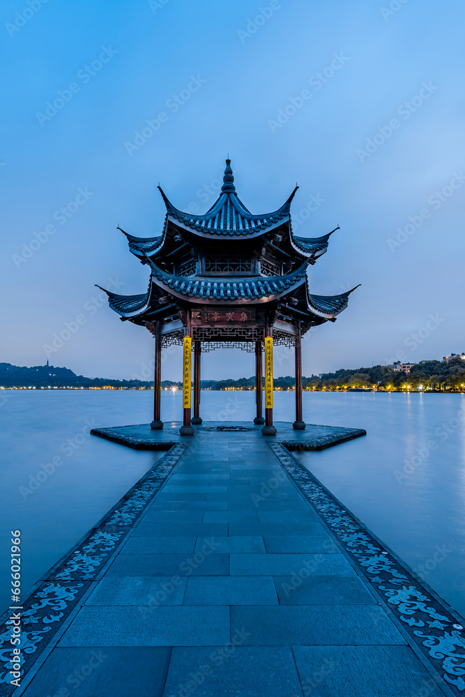 Night view of West Lake Jizhen Pavilion, Hangzhou, Zhejiang, China