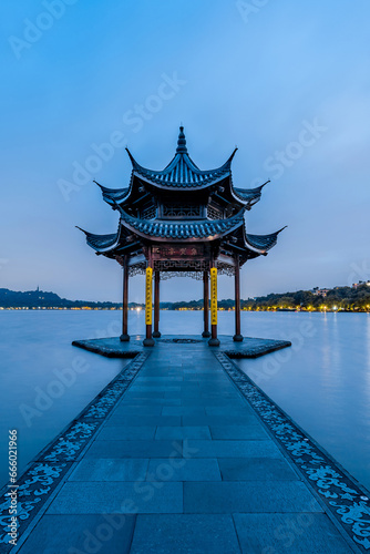 Night view of West Lake Jizhen Pavilion  Hangzhou  Zhejiang  China