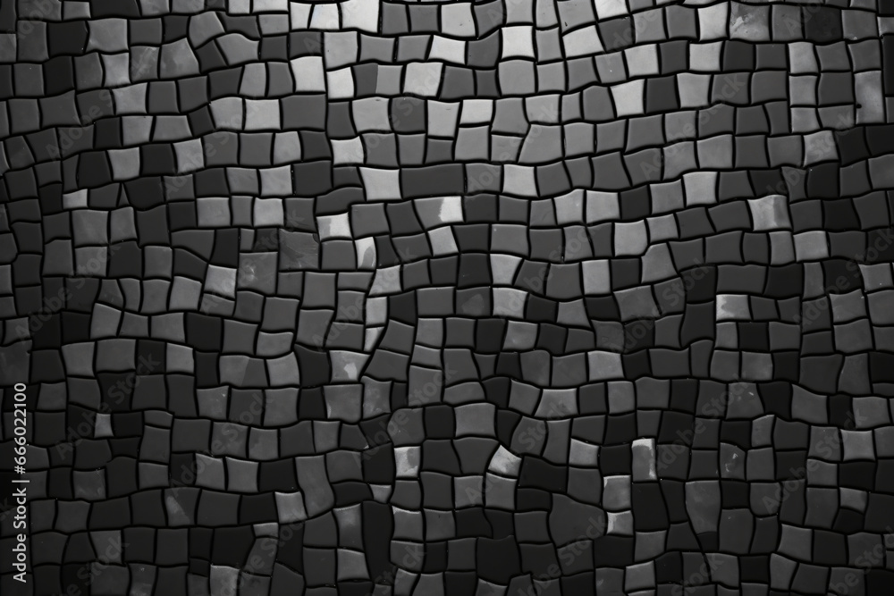 Black and grey mosaic pattern composed of small rectangular tiles arranged in a wave-like formation. - obrazy, fototapety, plakaty 