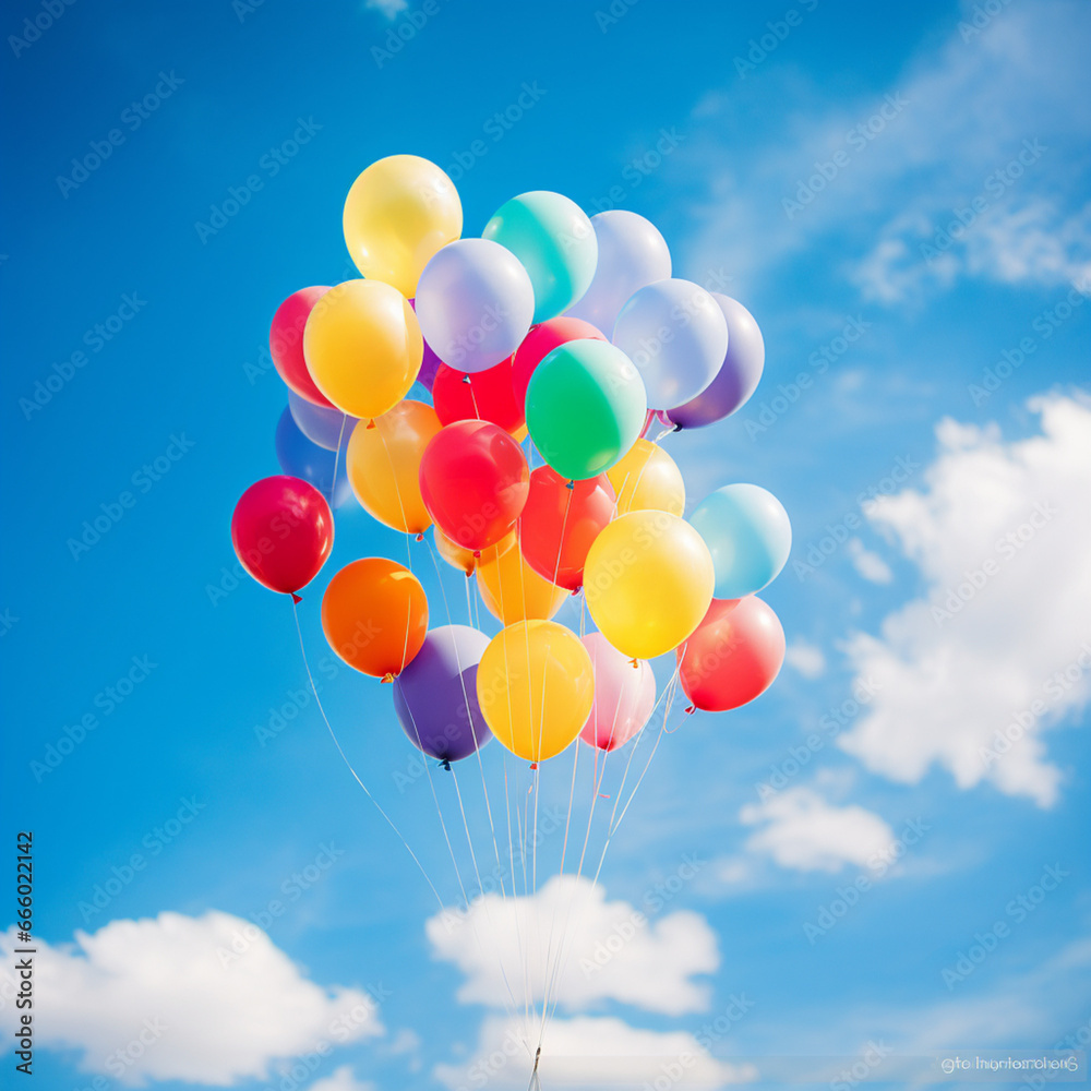 A kaleidoscope of vibrant balloons soaring through a clear, azure sky, radiating a sense of joy and celebration