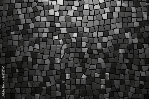 Black and grey mosaic pattern composed of small rectangular tiles arranged in a wave-like formation. photo
