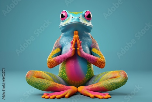 Multicoloured frog doing yoga pose, mindfullness concept, new year's resolution, Mindfulness Day, World Frog Day or National Frog Month (April) banner