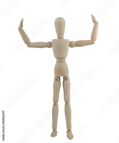 a wooden mannequin posing