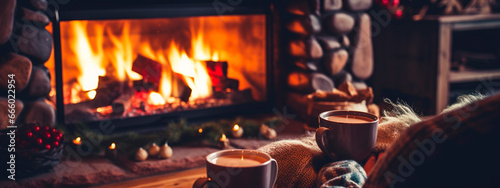 People drink a hot drink together near the fireplace. Generative AI,