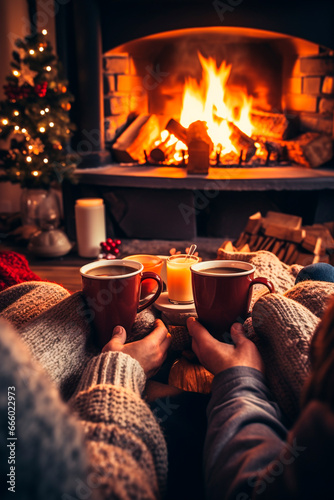 People drink a hot drink together near the fireplace. Generative AI,