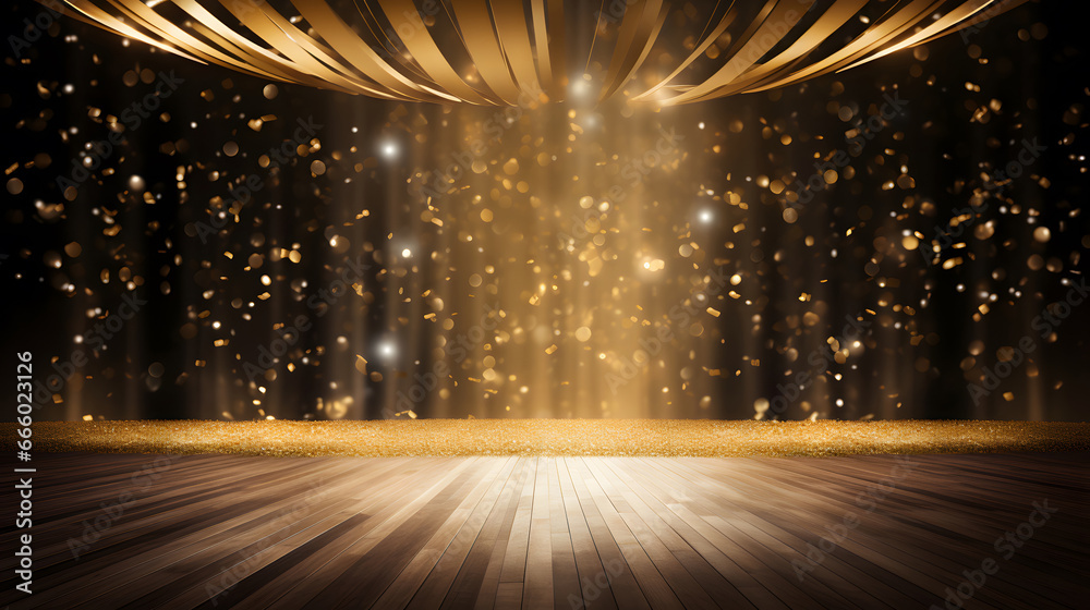  empty room at night mockup with copy space for award ceremony, jubilee, New Year's party or product presentations, golden cofetti - obrazy, fototapety, plakaty 