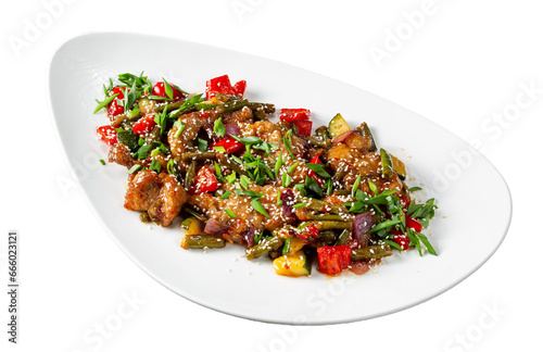 Pork salad with vegetables in Asian style with sweet hot pepper. Isolated dish for menu.