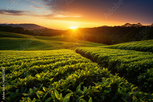 a landscape shot of a tea field at sunset. 