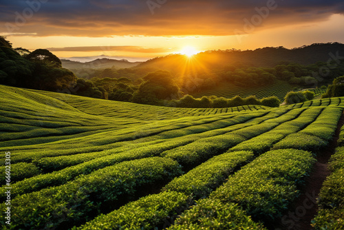 a landscape shot of a tea field at sunset. 