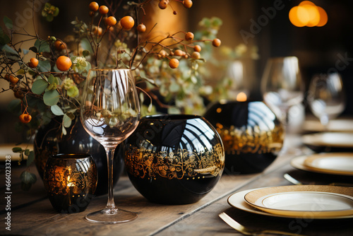 An interior design of a classy Halloween tablescape. 