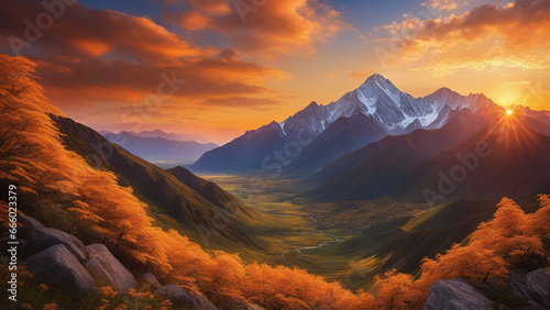 Sunset Over the Mountains, Witness the breathtaking beauty of a sunset over majestic mountains. The warm hues of the setting sun cast a golden glow, painting the sky in a stunning display of colors