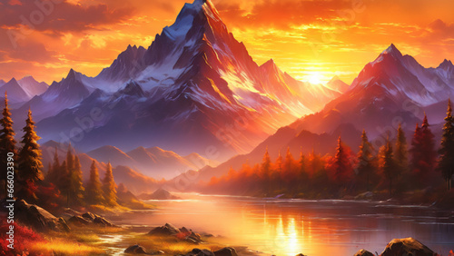 Sunset Over the Mountains, Witness the breathtaking beauty of a sunset over majestic mountains. The warm hues of the setting sun cast a golden glow, painting the sky in a stunning display of colors