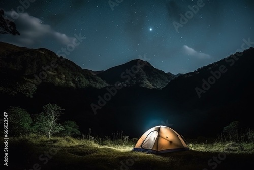 Nighttime camping adventure in nature. Generative AI