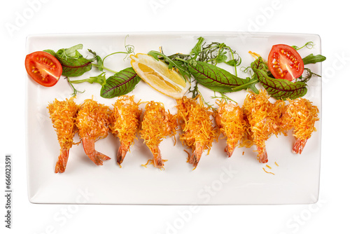 Fried shrimp in spicy sauce. Isolated seafood dish for menu.